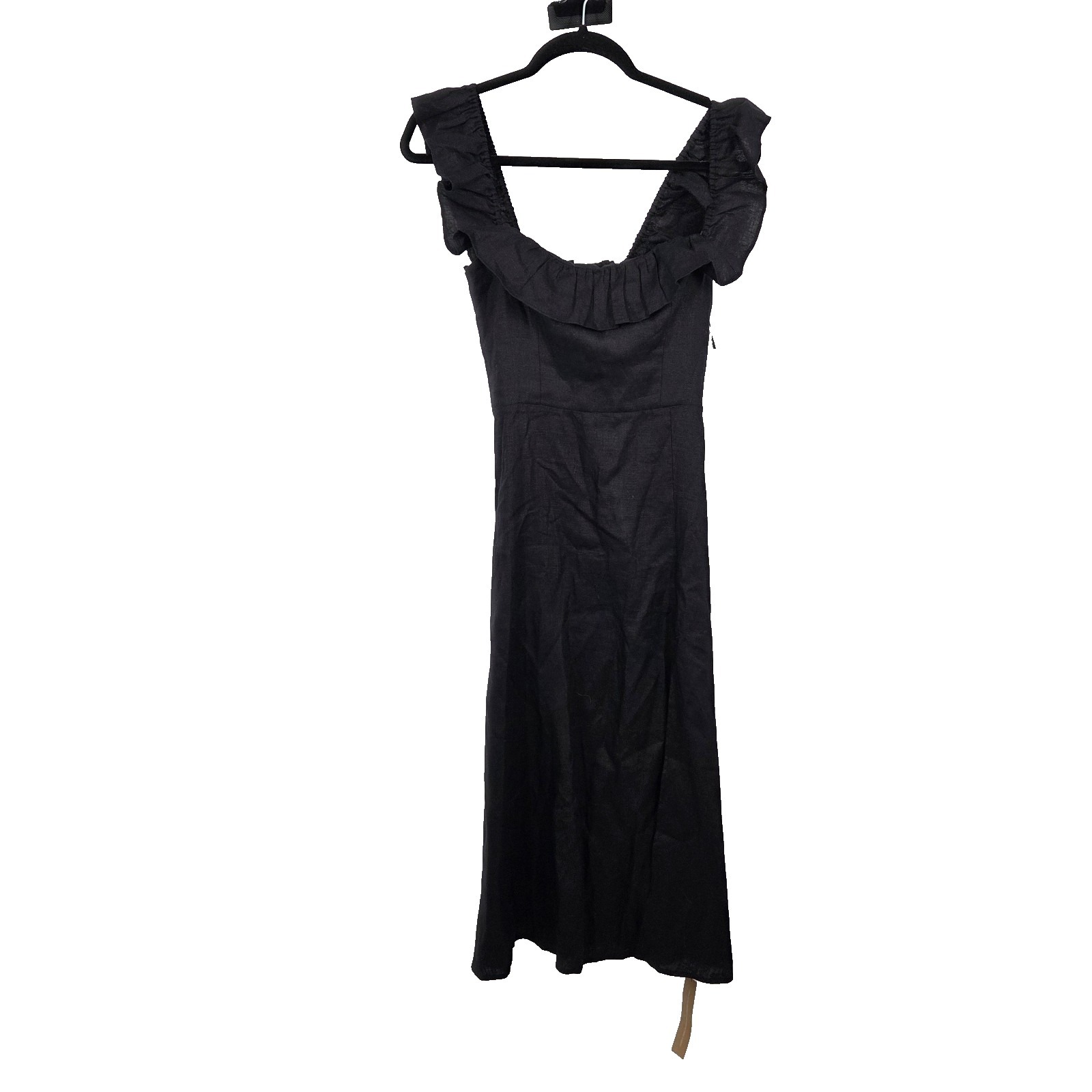 New Reformation Amethyst 100% Linen Midi Dress 4 Black Ruffle Off Shoulder